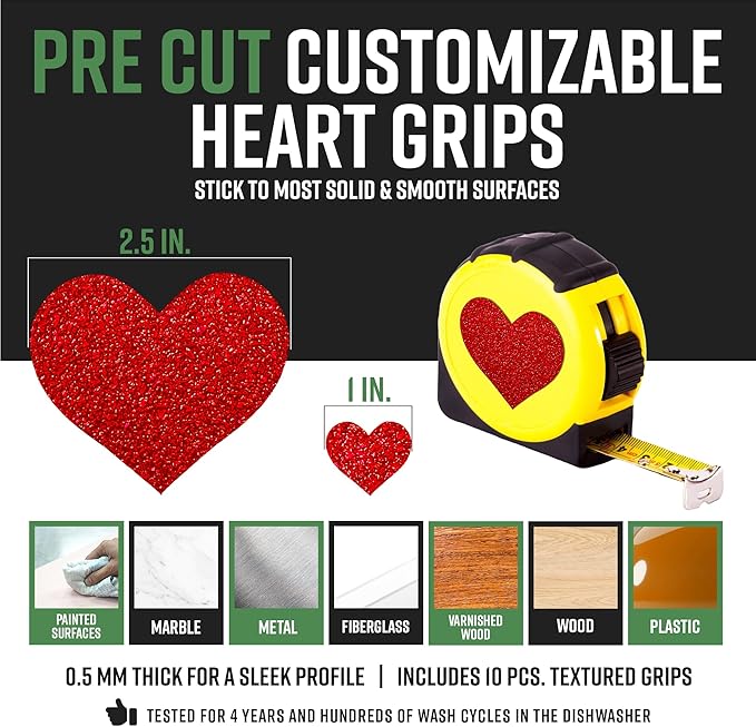 Dragon Grips Heart Stickers - 10 Pcs Clear Heart-Shaped Rubberized Grip Stickers - Waterproof, Multi-Purpose, Non-Slip, Textured Cell Phone Grip Tape for Laptop, Mouse, Tablet, iPad, iPhone Case