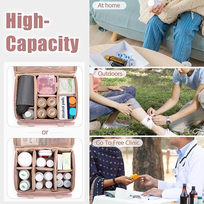 Yarwo Pill Bottle Organizer Empty, Double Layers Medicine Travel Storage Bag with 5 Customized Dividers and Lockable Zippers for Prescription Bottles and Emergency First Aid Supplies, Pink