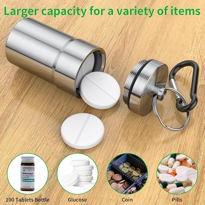 Portable Pill Case Keychain (2 Pack), Large Waterproof Aluminum Pill Box for Round Glucose Tablets & Critical Medicine, Small Pill Holder Travel Pill Container Bottle with Carabiners