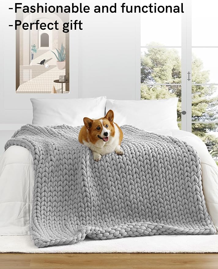 YnM Weighted Blanket, Handmade Chunky Yarn Knitted Design, Soft and Cozy, Temperature Regulating and Breathable, Machine Washable Throw for Sleep or Home Decor (Silver Grey, 80x87 Inch, 25lbs)