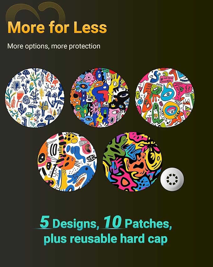 Libre 3 & Plus Sensor Covers Waterproof, Amolyfe 10 Pack Freestyle Libre 3 Covers, Bump-Proof with Hard Cap, Breathable Latex Free Glucose Sensor CGM Adhesive Patches, 14-Day CGM Protection (Graffiti)