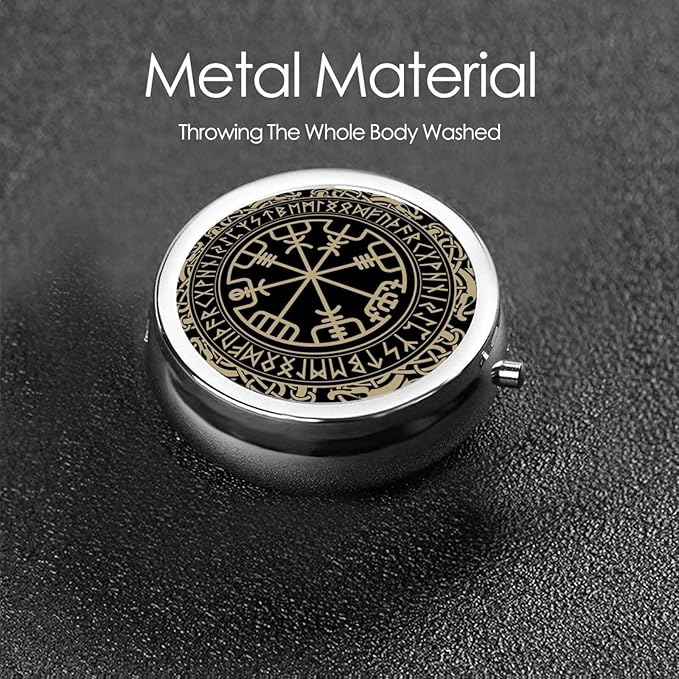 Black Celtic Viking Design Magical Runic Compass Vegvisir in The Circle of Norse Runes and Dragons Tattoo Decorative Round Silver Pill Box Pocket Medicine Tablet Holder Organizer Case for Purse