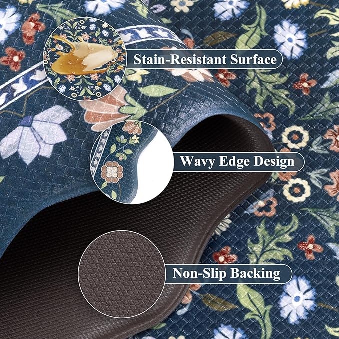 Yamaziot Anti Fatigue Kitchen Rugs Set of 3 - Boho Non Slip Waterproof Kitchen Mats for Floor, Boho Runner Rug for Kitchen Floor, Laundry, Desk, Bar, Office, 17.3"x29"+17.3"x35"+17.3"x47", Blue
