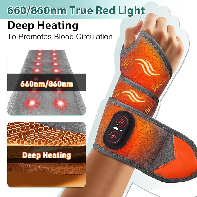 Wrist Heating Pad with Massage, Cordless Wrist Hand Heating Pad for Pain Relief, Red Light Heated Wrist Wrap with 3000mAh Battery, Vibration and Adjustable Heat Settings - Left Right Hand