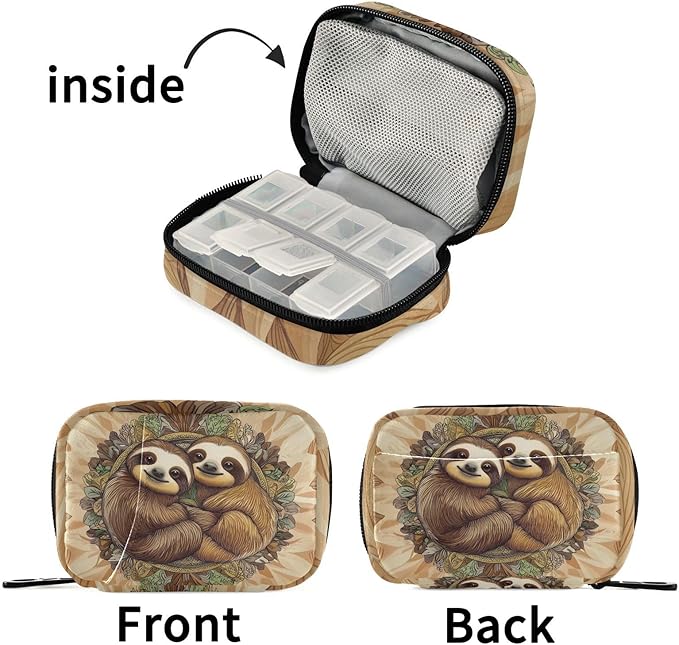 Fustylead Cute Sloths on The Round Background of Mandala Pill Organizers 2 Times A Day Pill Case Bag with Zipper Portable Weekly Pill Dispensers for Vitamin Supplement