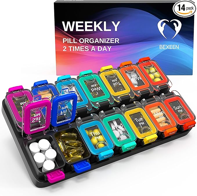 Large Weekly Pill Organizer 2 Times a Day – AM/PM Medicine Organizer with Thick Silicone Seal, Upgraded Secure Locks, Moisture-Proof Pill Box with Removable Rows for Travel, Fits Large Supplements