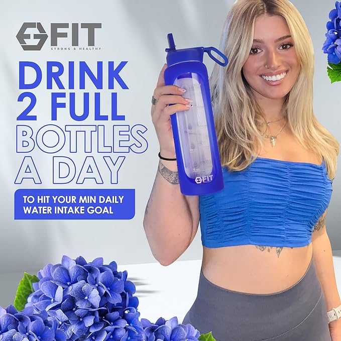 FIT Strong & Healthy 32 oz Glass Water Bottle with Straw Lid - Wide Mouth Borosilicate Glass Water Bottles with Time Marker, Silicone Sleeve & Extra Lid - 1L Large Motivational Drinking Bottle