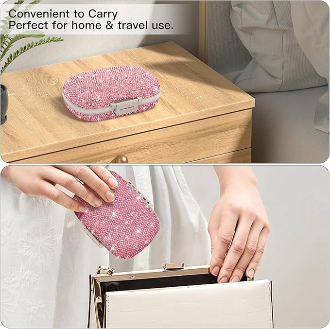 Soleebee Portable 8 Compartments Daily Pill Organizer, Bling Crystal Diamond Pill Box, Small Travel Pill Case, Pill Dispenser, Medicine Container Organizer to Hold Vitamin, Fish Oil (Pink)