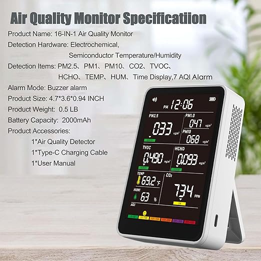 Professional Indoor Air Quality Monitor with AQI Alerts, Portable Real-Time Detector for Home, Car, Plants & Pet