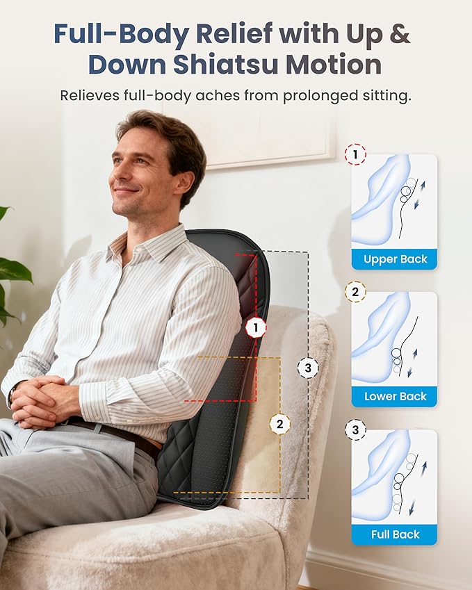 COMFIER Ultra-Slim Shiatsu Back Massager with Heat,Upper & Lower Back Massager, 4D Deep Tissue Chair Massager for Office,Heated Massage Chair,Up–Down Moving 20 Nodes