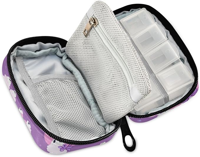 Purple Poodles Hearts Ribbons Rainbows Travel Pill Organizer Case Box Container Weekly Portable Vitamin Medicine Holder Storage Bag with Zipper Removable