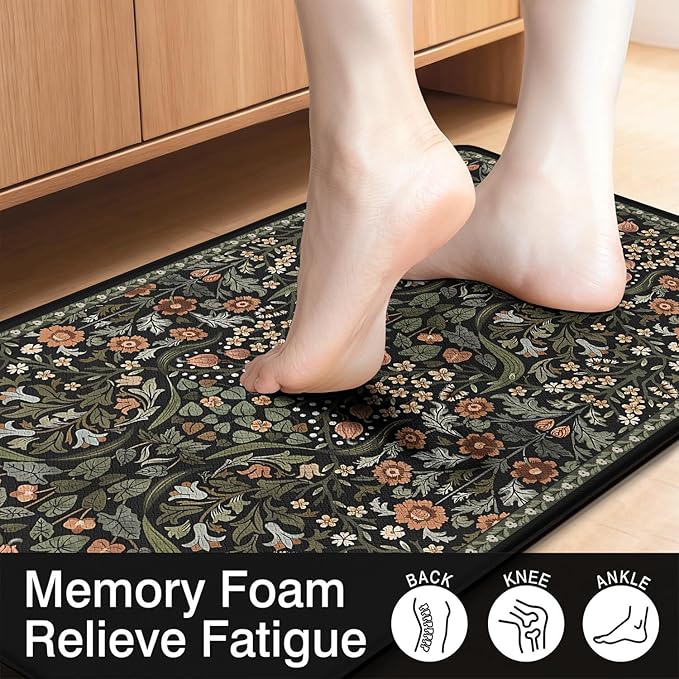 Anti Fatigue Kitchen Rugs Set of 2, Farmhouse Kitchen Mats for Floor, Rustic Kitchen Decor, Anti-Slip and Anti-Fatigue Foam Standing Mat,17x30 inch Sink Mat+17x48 inch Runner Rug Black