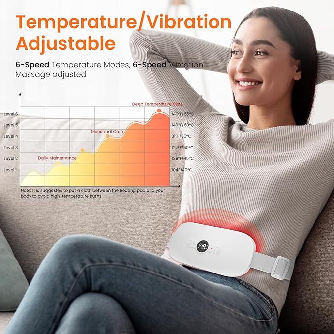 NOWWISH Heating Pad for Period Cramps Pain Relief, Portable Electric Cordless Menstrual Heating Pad Rechargeable with 6 Heat Levels and 6 Massage Modes, Christmas Gifts for Women Teen Girls, White