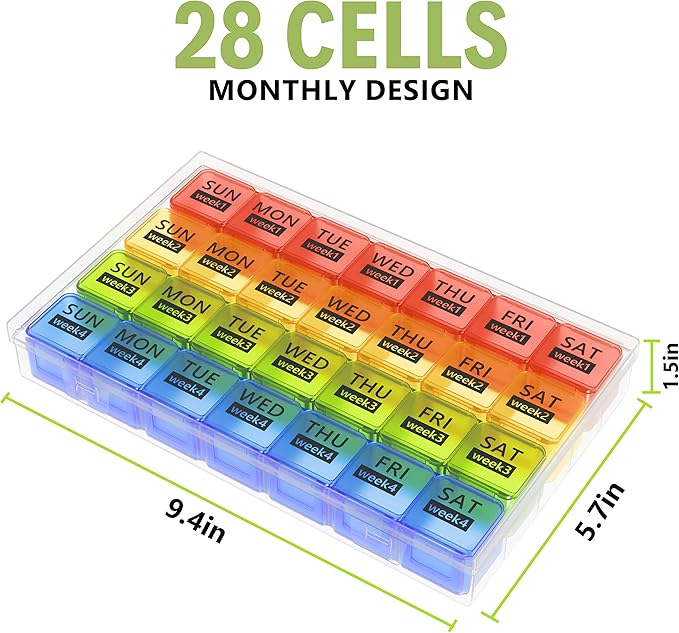 Monthly Pill Organizer 28 Day Pill Box Organizerd, Large 4 Weeks One Month Pill Cases with Dust-Proof Container for Pills, Vitamin, Fish Oil, Supplements (Rainbow)