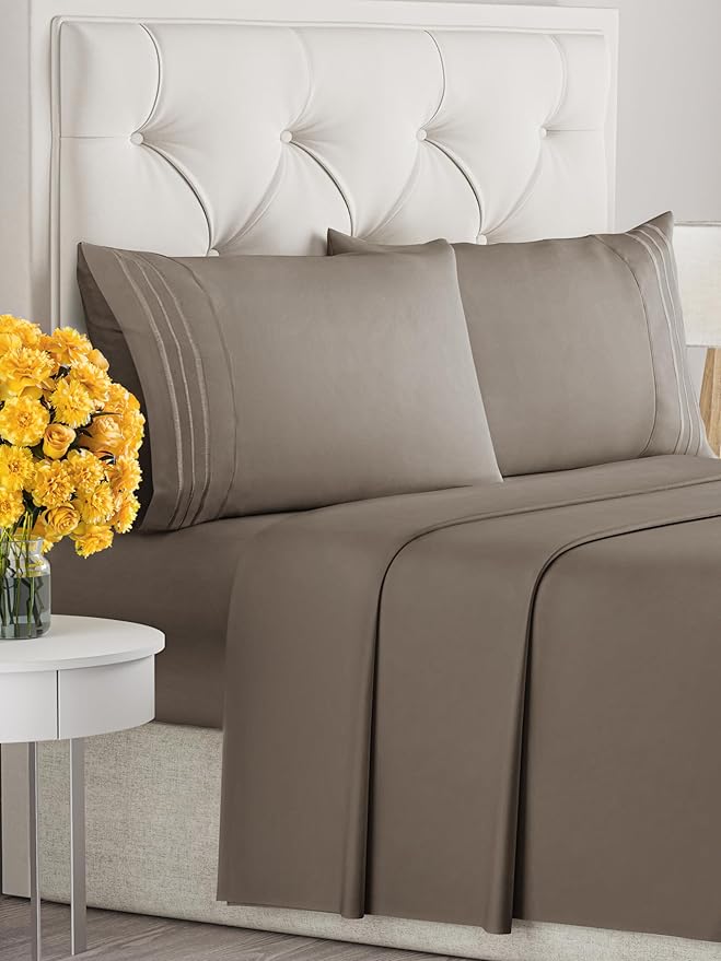 King Size 4 Piece Sheet Set - Extra Soft, Breathable & Cooling Sheets - Hotel Luxury Durable Bed Sheets for Women & Men - Deep Pockets, Easy-Fit & Wrinkle-Free Sheets - Dark Taupe Oeko-Tex Bed Sheets