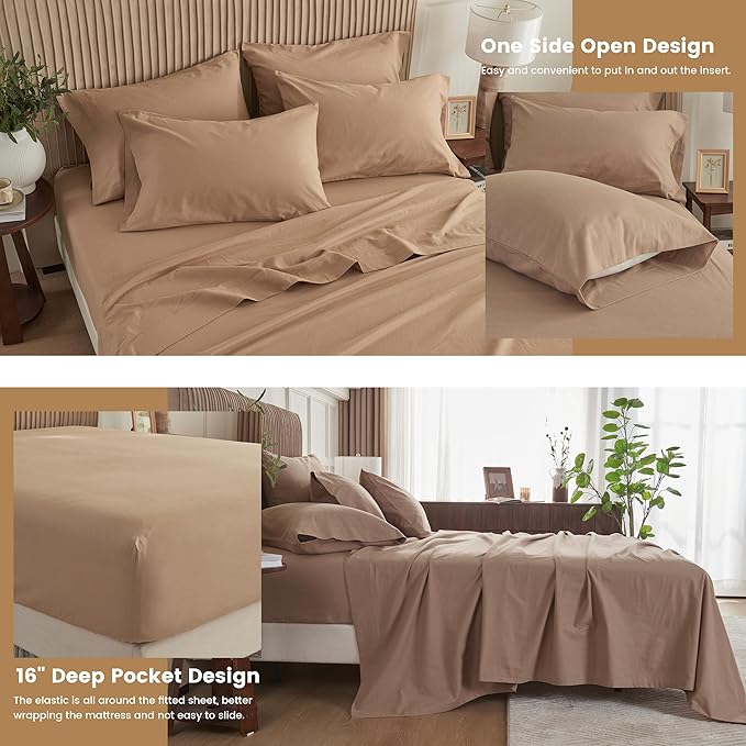 Simple&Opulence Belgian Linen Sheet Set Solid Color - 6 Pieces (1 Flat Sheet & 1 Fitted Sheet & 4 Pillowcases) 16" Deep Pocket Natural Flax Cotton Blended Soft Bedding - Clay, King Size