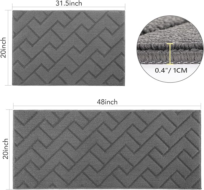 hicorfe Kitchen Rugs and Mats Sets,2 Pieces Super Absorbent Polypropylene Non-Slip Rug,Soft Comfort Floor Mat,Machine Wash for Kitchen,Hallway,Office,Sink,Laundry(20" x 32"+20" x 48",Grey)