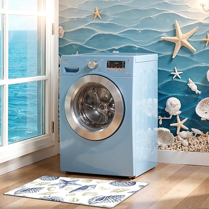Kitchen Mats for Floor Cushioned Anti Fatigue Sets of 2 Beach Theme Kitchen Rugs Non Slip Waterproof Coastal Foam Kitchen Floor Rug Nautical Seashell Comfort Standing Mat for Sink Laundry, Navy