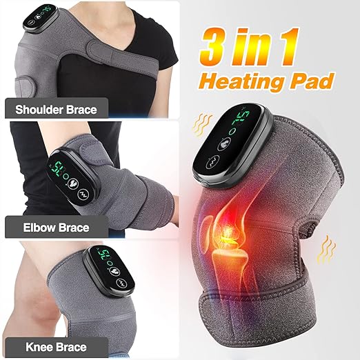 Heated Knee Massager Shoulder Heating Pads Elbow Brace 3 in 1 with Vibration, Cordless Rechargeable Heating Knee Warmers Wrap for Shoulder Elbow Knee Stress Relief