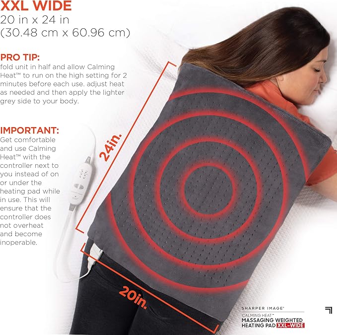 Calming Heat XXL Wide Massaging Vibrations Weighted Heating Pad by Sharper Image | Auto Shut-Off Feature, Gift for Holidays, Women & Men | 3 Heat, 9 Massage, 20” x 24”, 5 lbs