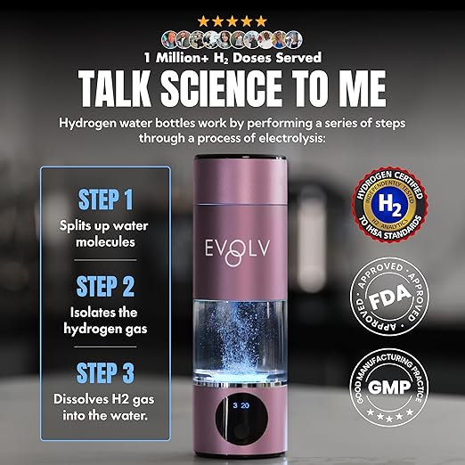 EVOLV Hydrogen Water Bottle Generator – SPE & PEM Water Ionizer 5.4PPM, Highest H2 Concentration – Portable 8oz Hydrogenated Water Bottle – Leak-Proof Hydrogen Water Machine, Easy to Use – Rose