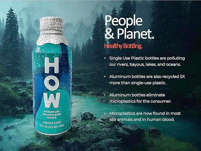 HOW Hyperpure Oxygenated Water - Infinitely Recyclable, Oxygen Enriched, Microplastic Free Purified Water 16oz Aluminum Bottle