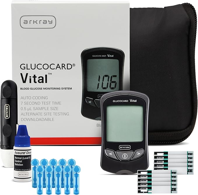 ARKRAY GLUCOCARD Vital Blood Glucose Monitor Kit – Fast, Accurate & Easy-to-Use Blood Glucose Monitoring System with Meter, 10 Test Strips, 10 Lancets, Control Solution, Lancing Device & Carrying Case