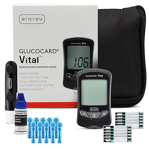 ARKRAY GLUCOCARD Vital Blood Glucose Meter Kit – Complete Glucose Monitoring System with Meter, 10 Test Strips, 10 Lancets, Control Solution, Lancing Device & Carrying Case