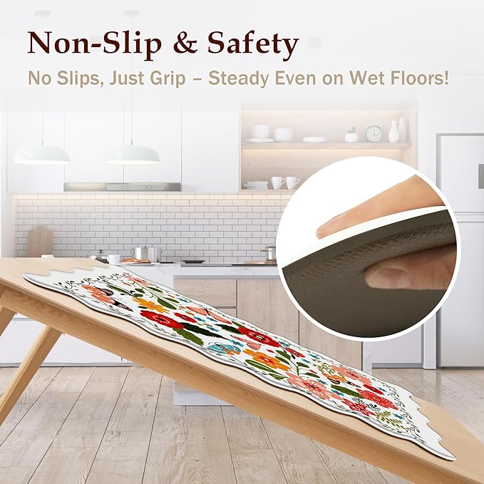 Scalloped Kitchen Mats for Floor Cushioned Anti Fatigue Kitchen Mats Rugs Waterproof Non Slip Farmhouse Boho Floral Comfort Foam Standing Mat for Sink Laundry, White, 17.3x47