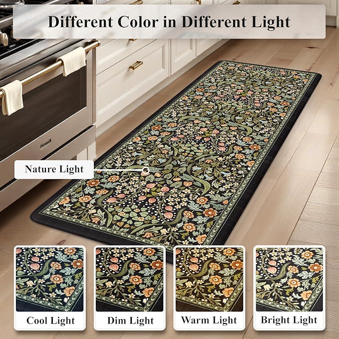 Collive Anti Fatigue Mats for Kitchen Floor, Cushioned Comfort Kitchen Rugs Sets of 2 Waterproof Non Skid Padded Sink Rugs, Boho Floral Rug Black Standing Mat for Office, Laundry