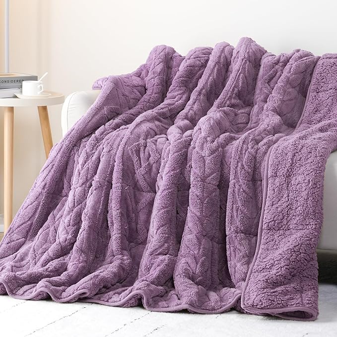 Cottonblue Jacquard Weighted Blanket 15lbs for Adults Twin Full Size, Soft Fuzzy Sherpa Fleece Weighted Throw Blankets 48x72 in for Relax and Sleep, Cozy Heavy Bed Blankets with Glass Beads, Purple