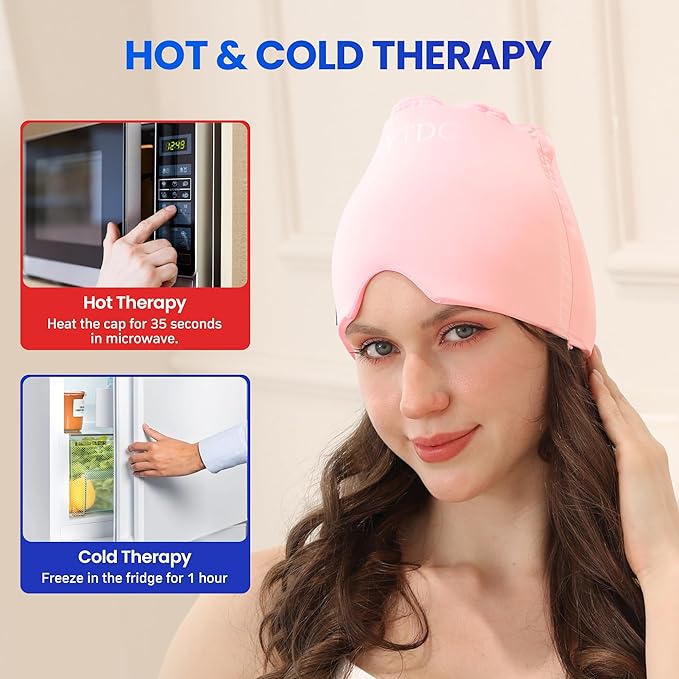 Migraine Relief Cap Gel Ice Head Wrap - Hot & Cold Therapy Soothing Headache Hat Ice Pack Mask, Headache Relief Wrap for Tension, Stress, Hangover&Puffy Eyes Pink, 1PC(Gift Eye Mask)