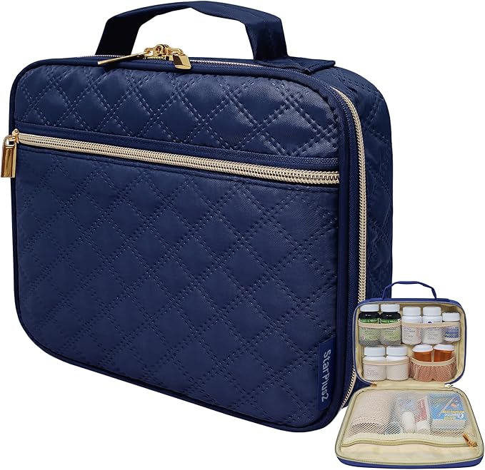 Large Travel Pill Bottle Organizer, Slim Medicine Bag, Carrier for Medications and Medical Supplies - Navy Ultrasonic
