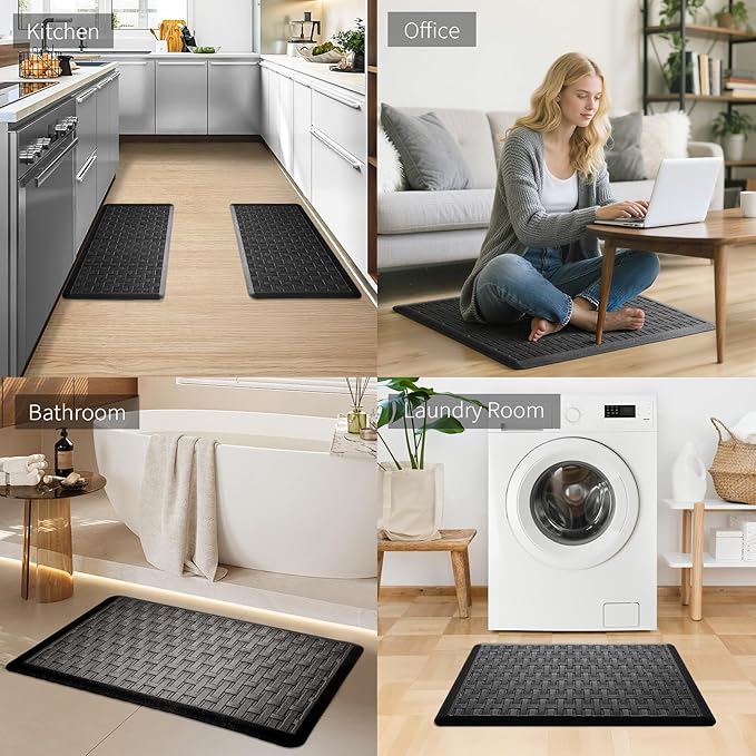 2PCS UKISS Kitchen Rugs, Cushioned Anti Fatigue Kitchen Mats for Floor, Waterproof Kitchen Rug，Non-Slip Comfort Standing Mat for Kitchen (Black, 17.3"x28"+17.3"x28")