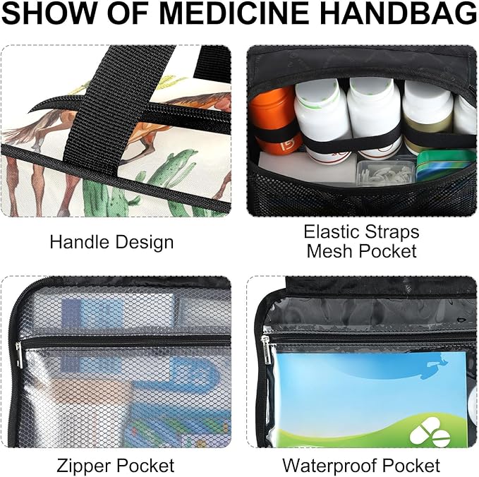 Fustylead Watercolor Hand Draw Horses and Cactus Pill Organizer Bag Large Medicine Travel Carrying Case with Zipper for Vitamin Supplements Fish Oil, Empty First Aid Kit for Hiking Camping