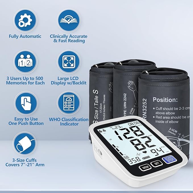 Blood Pressure Machine Upper Arm, 3 Size Cuffs, Small 7"-9", Medium/Large 9"-17" and Extra Large XL Cuff 13"-21", Accurate Automatic Digital BP Cuff Home Use, Large Backlit BP Monitor 3-User 1500 Mem