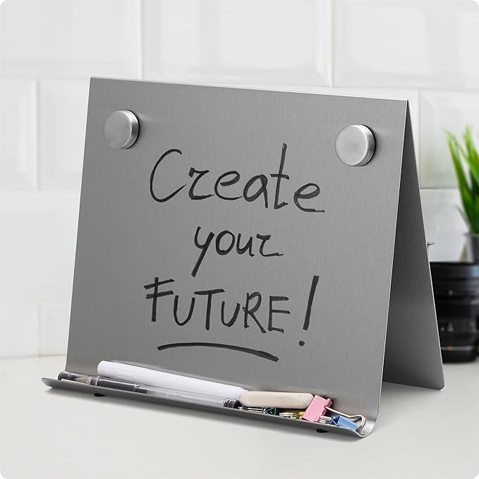 Magnetic Bulletin Board with Stand – Small Dry Erase Memo Board – Tabletop Metal Easel for Magnet Display – 10x8 Inches + 2 Magnets