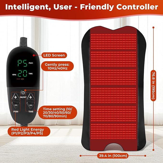 Red Light Therapy Mat for Body, 76.8"x 39.4" Red Light Therapy Pad with Controller, 1260pcs 2 in 1 LEDs (660nm & 850nm), Adjustable Timer & Intensity