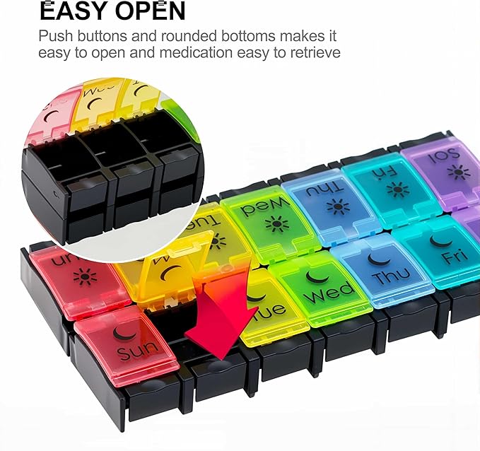 XL Large AM/PM Weekly Pill Organizer Arthritis Friendly, 2 Times a Day Pill Box with Spring Open Design, 7 Day Vitamin Case with Push Button Compartments
