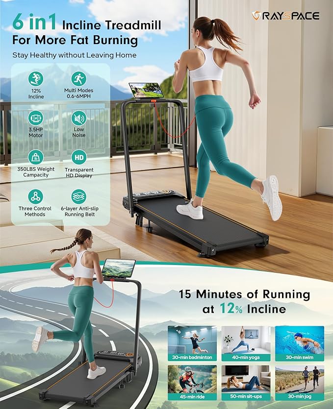 Foldable Treadmill with 10% Incline, 3.5HP Low Noise Walking Pad Treadmill with Handle Bar, Rayspace 4 in 1 Portable Under Desk Treadmills for Home/Office, 350 Lbs Capacity, APP & Remote Control