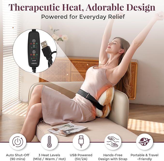 Cute Heating Pad for Period Cramps Menstrual Pain Relief, Soft Cuddly Large 14" Hot Plush Bread USB Electric Heat Pads, Back & Lumbar Pain Relief Stuffed Animals Funny Gifts for Women Teen Girls