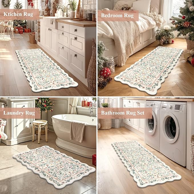 Yamaziot Anti Fatigue Kitchen Rugs Set of 3 - Boho Non Slip Waterproof Kitchen Mats for Floor, Boho Runner Rug for Kitchen Floor, Laundry, Desk, Office, 17.3"x29"+17.3"x35"+17"x47.3", Beige & Pink