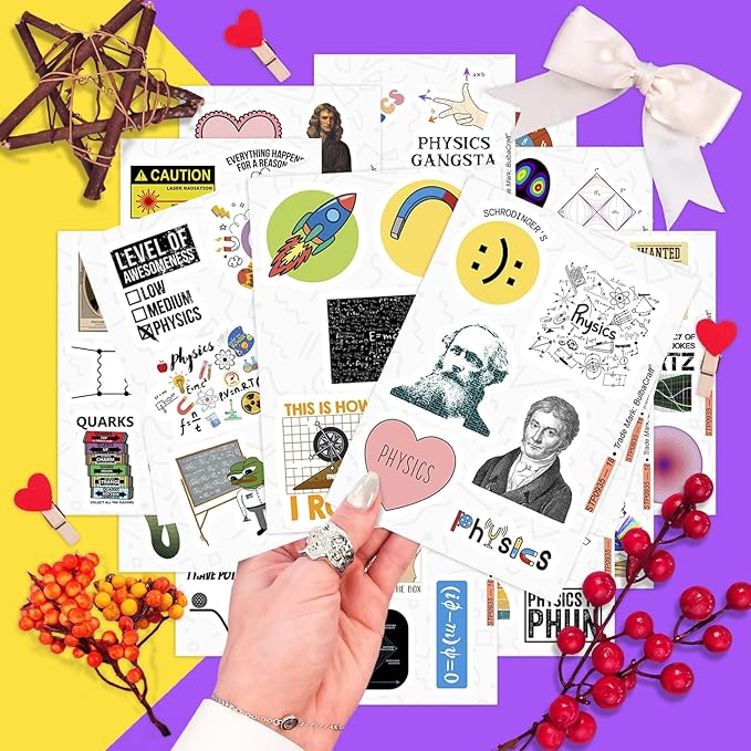 BulbaCraft Physics Stickers for Water Bottle and Laptop - Science Party Supplies & Decorations, Waterproof Vinyl Decals, Physics Formulas Stickers, Gifts for Women & Men