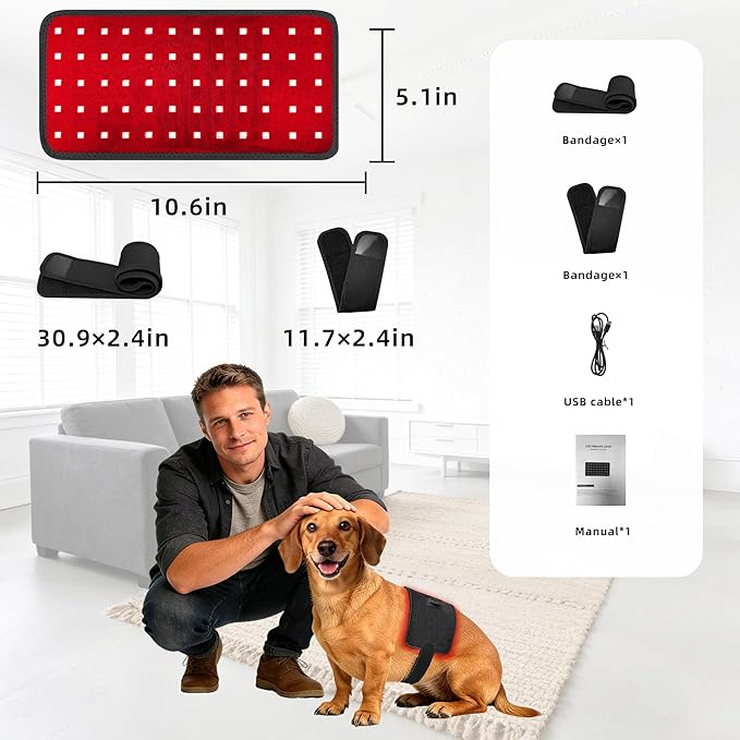 Pets Upgraded Red Light Therapy Belt, LED Infrared Therapy with 4 Modes & 4 Adjustable Timer, 60 LEDs, 660nm & 850nm Red Light, LED Screen Pet Muscle Recovery Light for Joint Relief