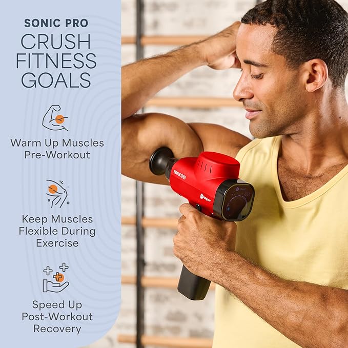 Lifepro Sonic Pro Handheld Electric Massage Gun – Deep Tissue Percussion Massager Gun with 10 Speeds & 9 Heads – Muscle Massager for Athletes Back, Legs, Arms