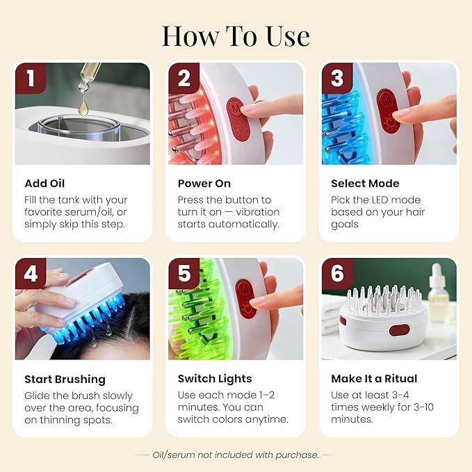7-1 Red Light Hair Brush Comb | Vibrating Electric Red Light Scalp Massager + Oil Applicator for Fuller-Looking Hair Care | Scalp Massage for Head Spa | Portable, Cordless & Waterproof