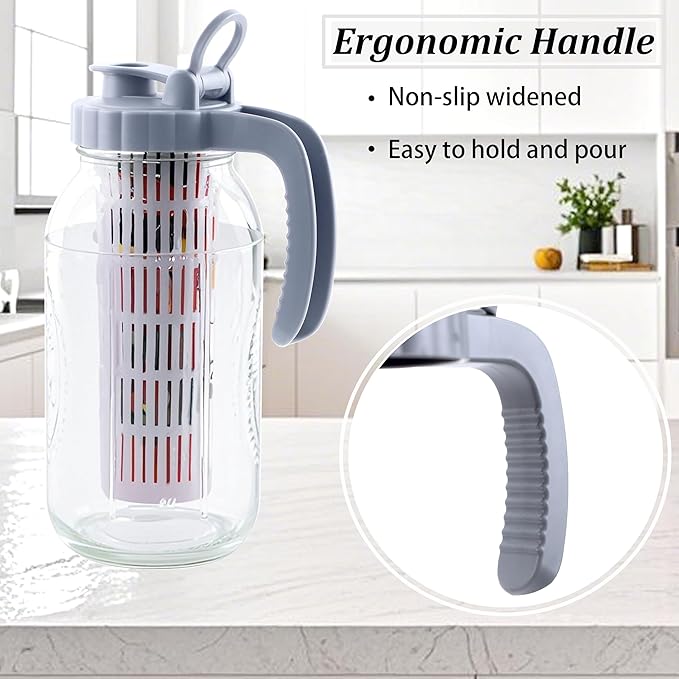 Mason Jar Pitcher With Fruit Infuser 2 Quart Water Pitcher With Pour Spout Lid 2 Pack Half gallon Wide Mouth Glass Carafe For Milk, Fruit Infused Water, Iced Tea, Lemonade, Cocktail, Cold Brew Coffee