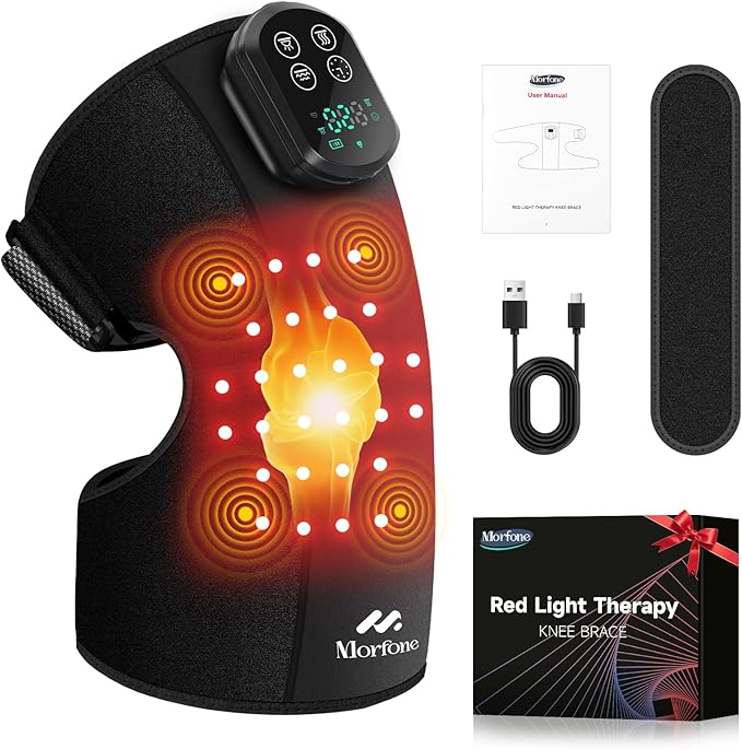 Morfone Red Light Therapy Device for Knee,3 Vibration Modes and 4 Heating Levels,5000mAh Wireless Rechargeable, 660nm and 850nm Infrared Red Light Therapy for Knee,Gifts for Women Men