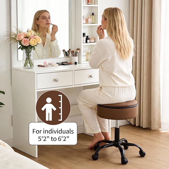Rolling Salon Stool, Adjustable Tattoo Stool 20.67’’-24.61’’, Coffee Brown Esthetician Swivel Chair