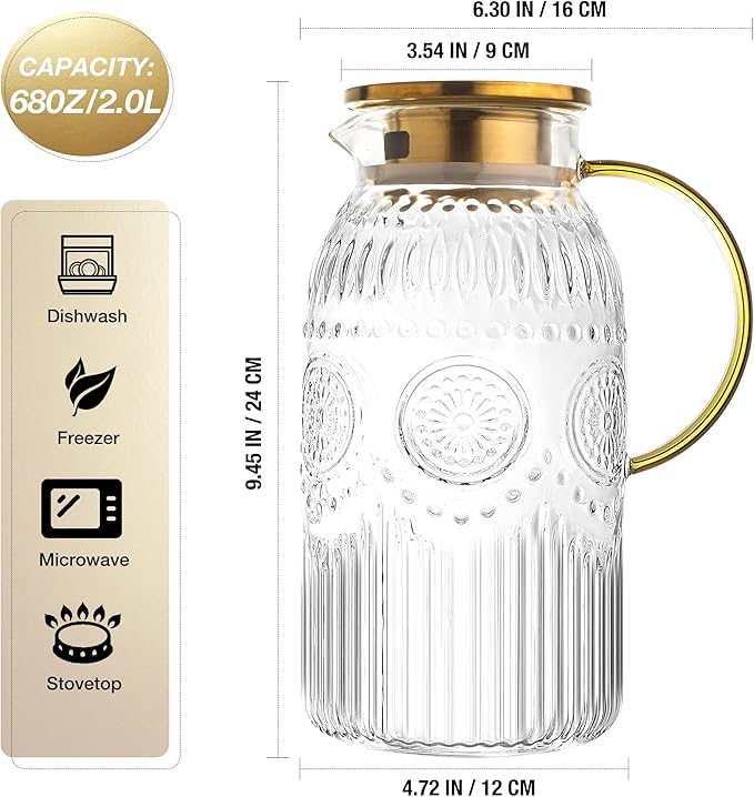 Amzcku Glass Pitcher with Lid, 68 oz/ 2 Liter Vintage Water Pitcher,Glass Water Carafe for Cold Brew, Coffee, Lemonade, Iced Tea,Beverage, Heat Resistant Water Glass Jug 1Pack
